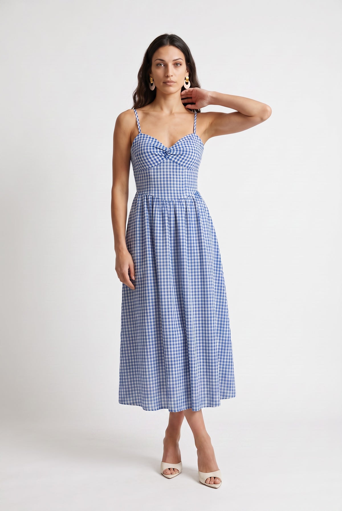 Blue Gingham Cotton Midi Dress