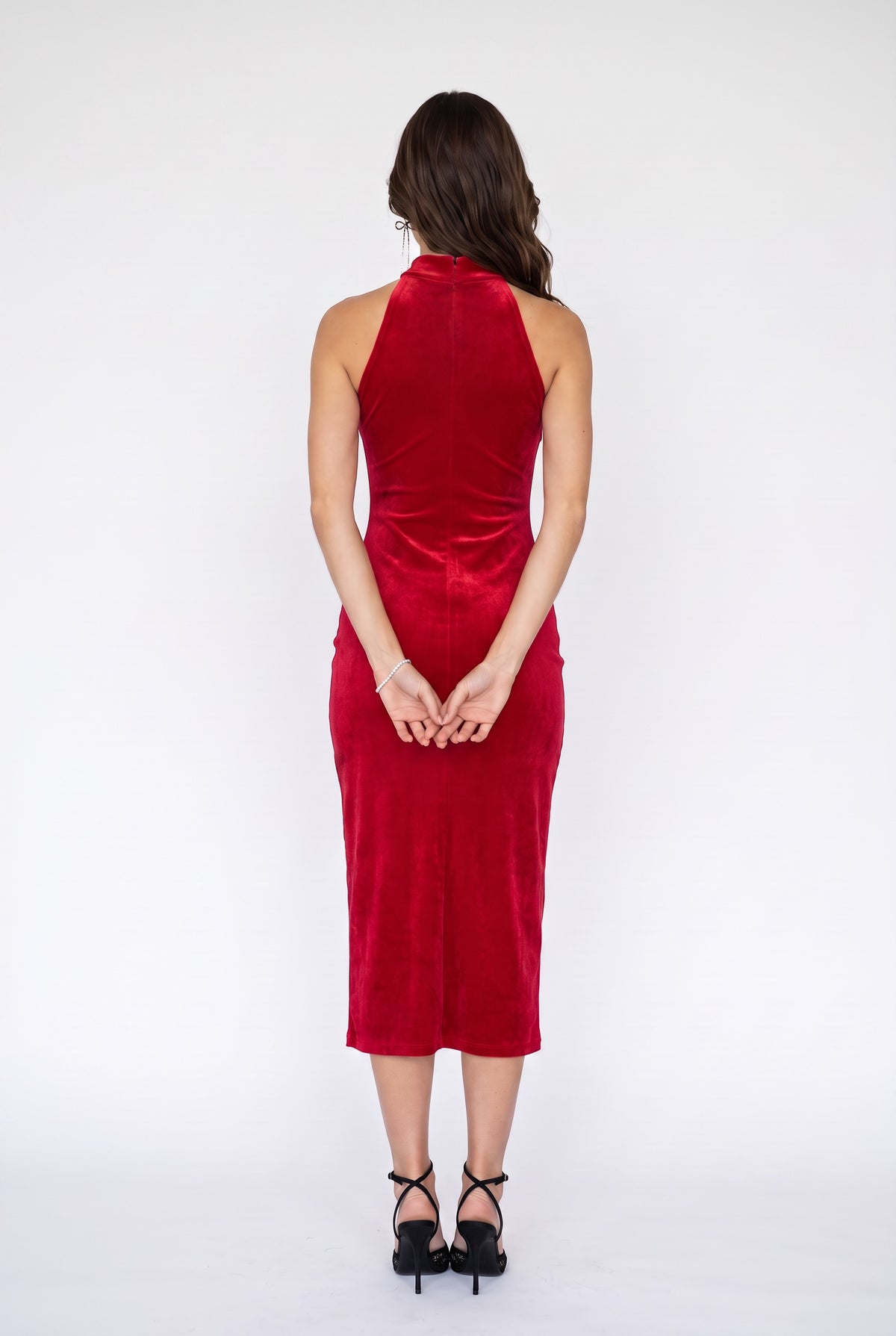 Red Velvet Halterneck Bodycon Midi Dress