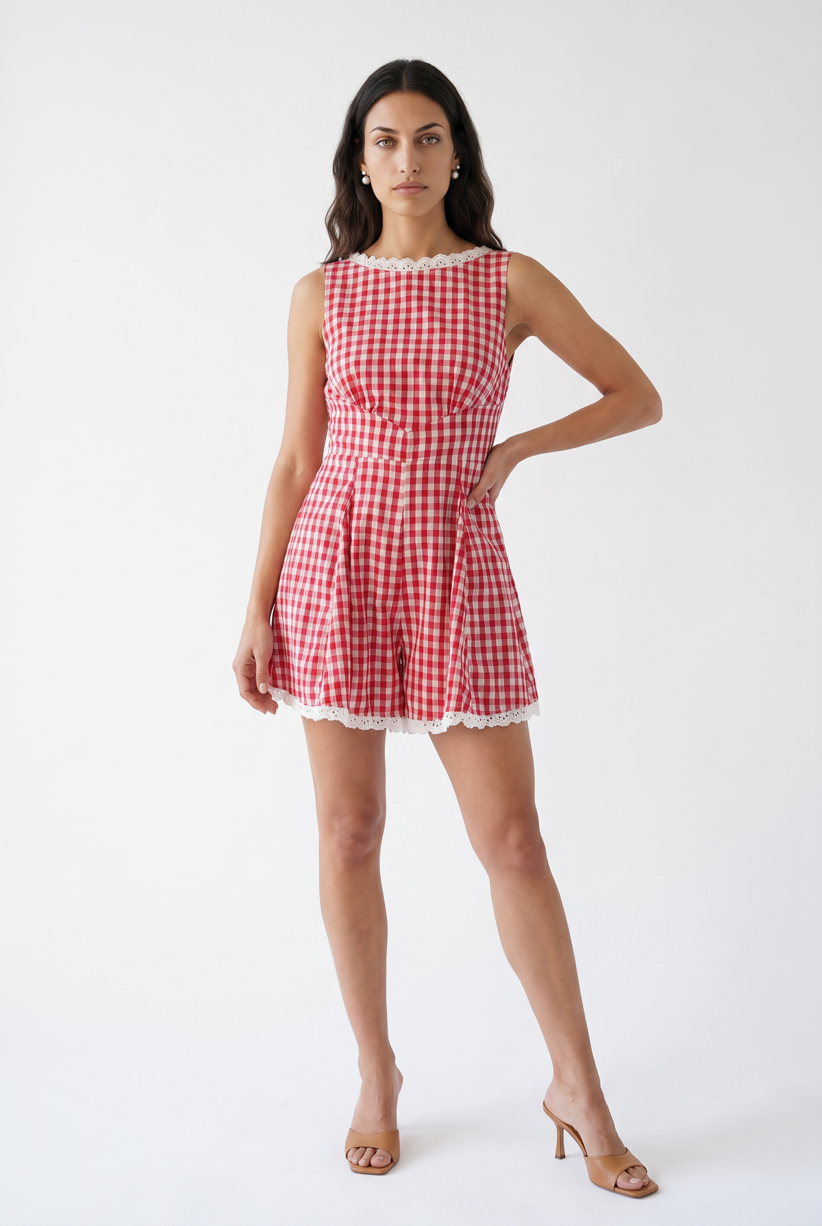 Red Gingham Cotton Eyelet Playsuit