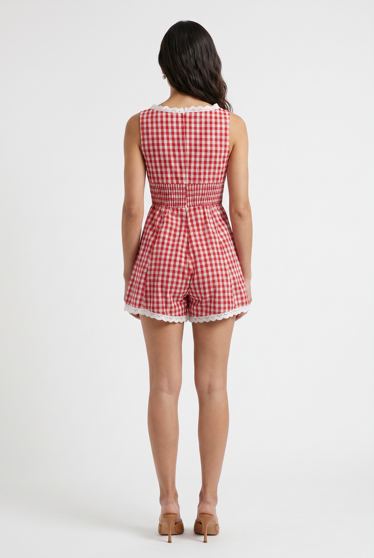 Red Gingham Cotton Eyelet Playsuit