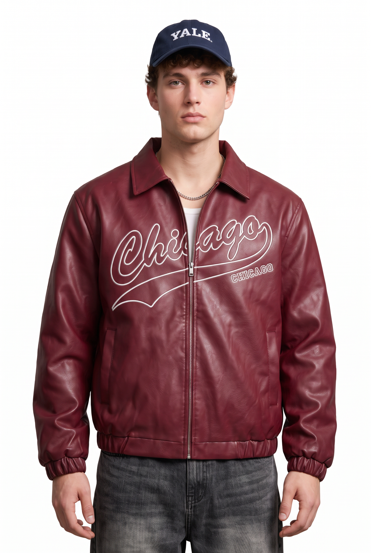 Chicago Print Burgundy Leather Jacket