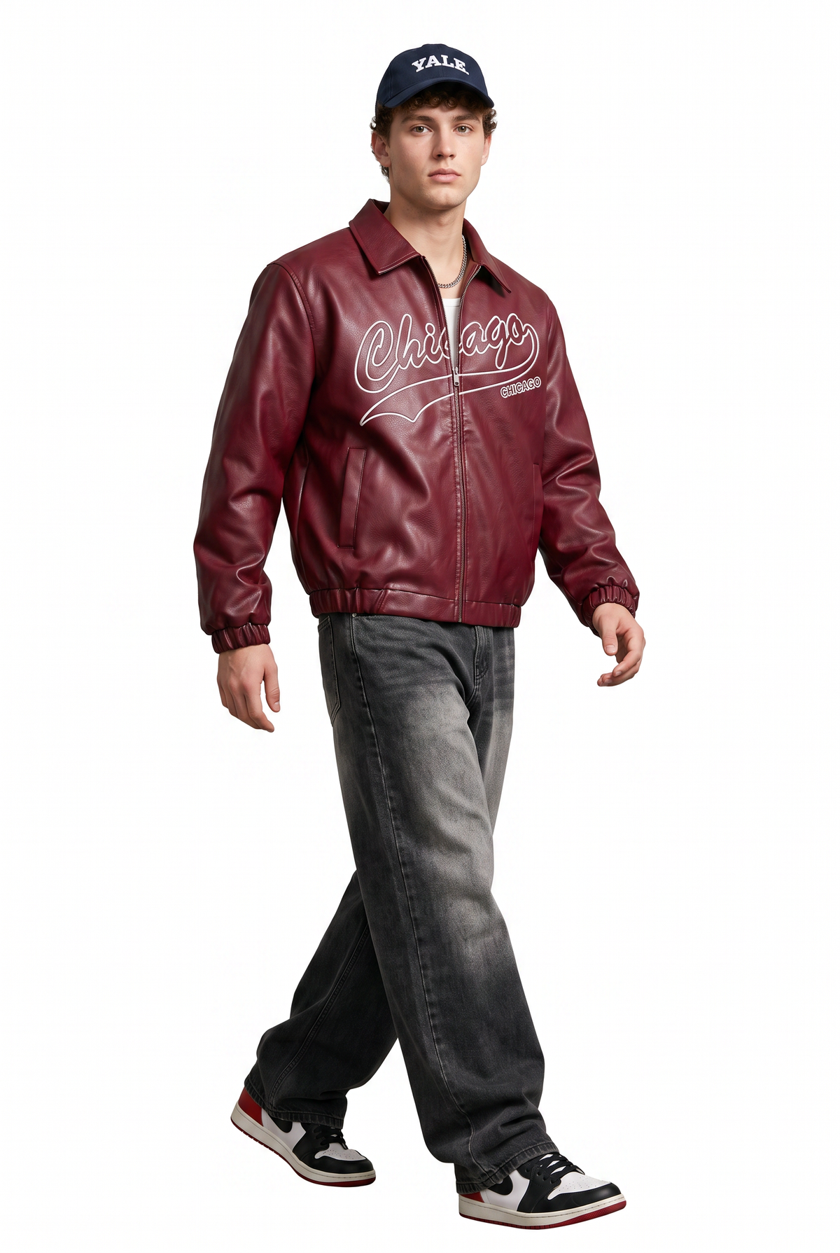 Chicago Print Burgundy Leather Jacket