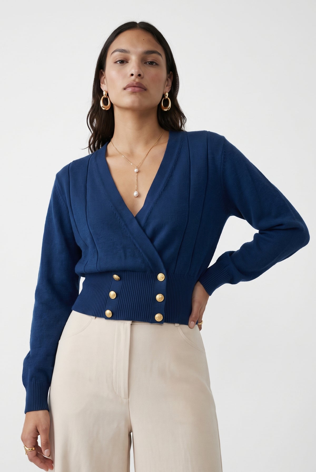 Navy Double Breasted Wrap Cardigan
