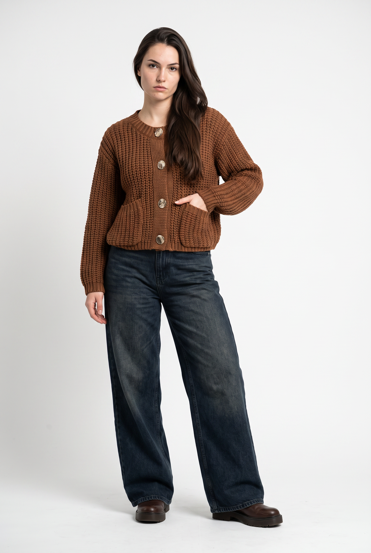 Brown Chunky Knit Button Cardigan