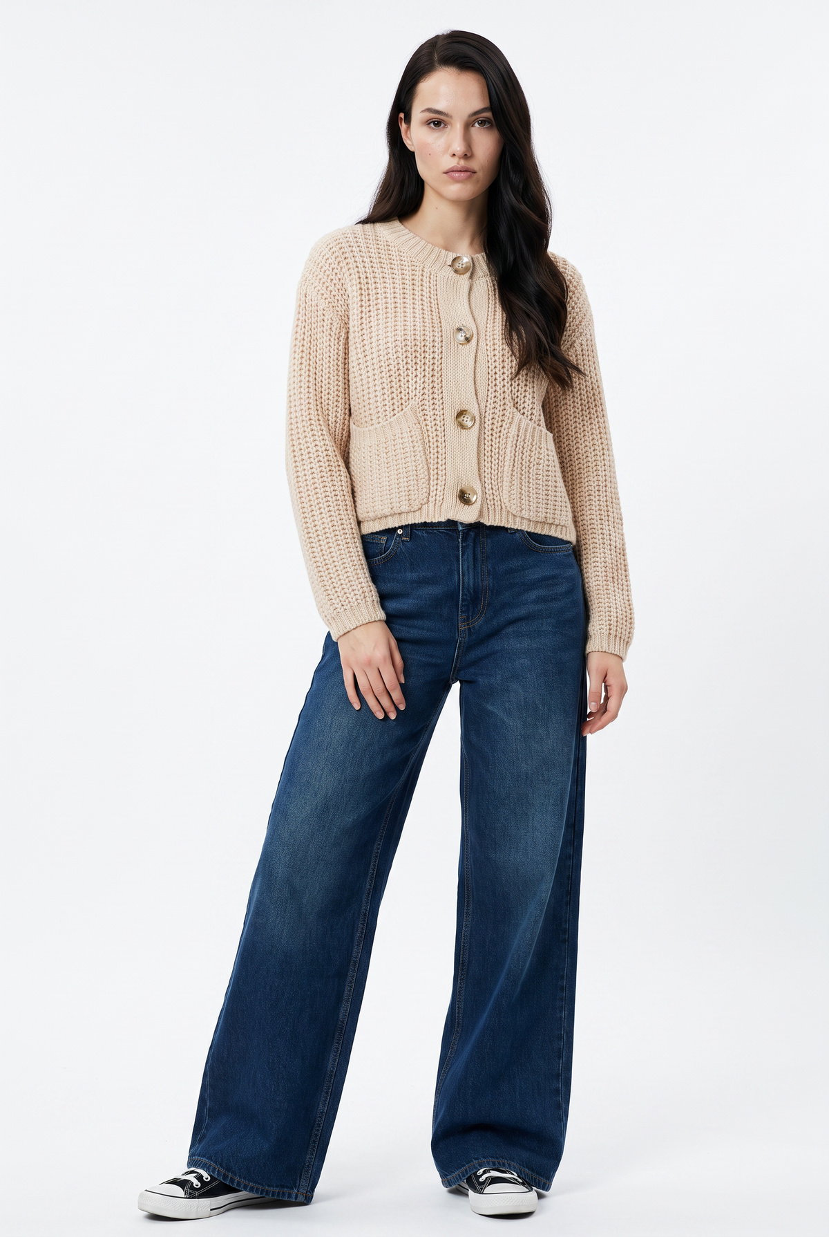 Beige Chunky Knit Button Cardigan