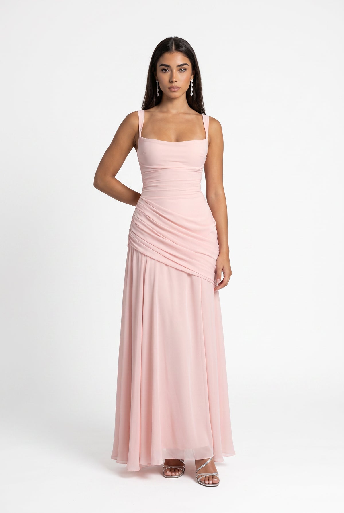 Pink Ruched Chiffon Maxi Dress