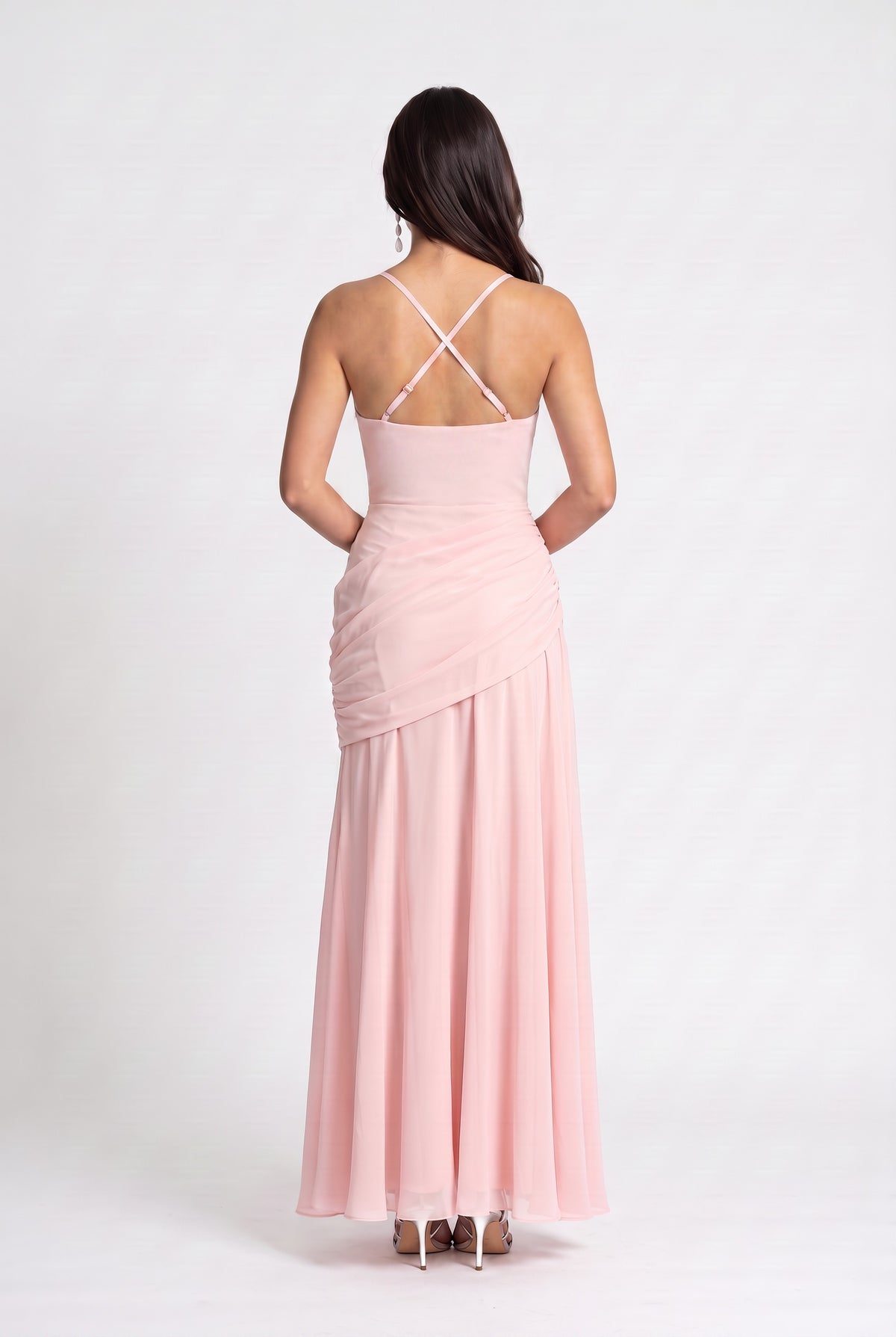 Pink Ruched Chiffon Maxi Dress