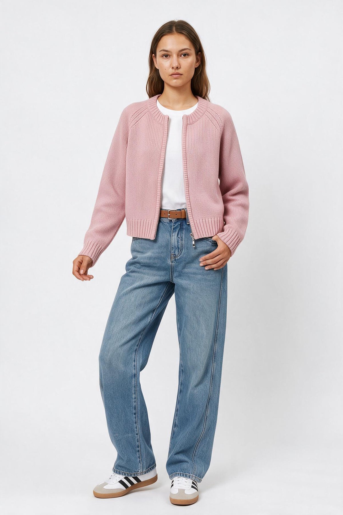 Pink Knit Zip-Up Cardigan