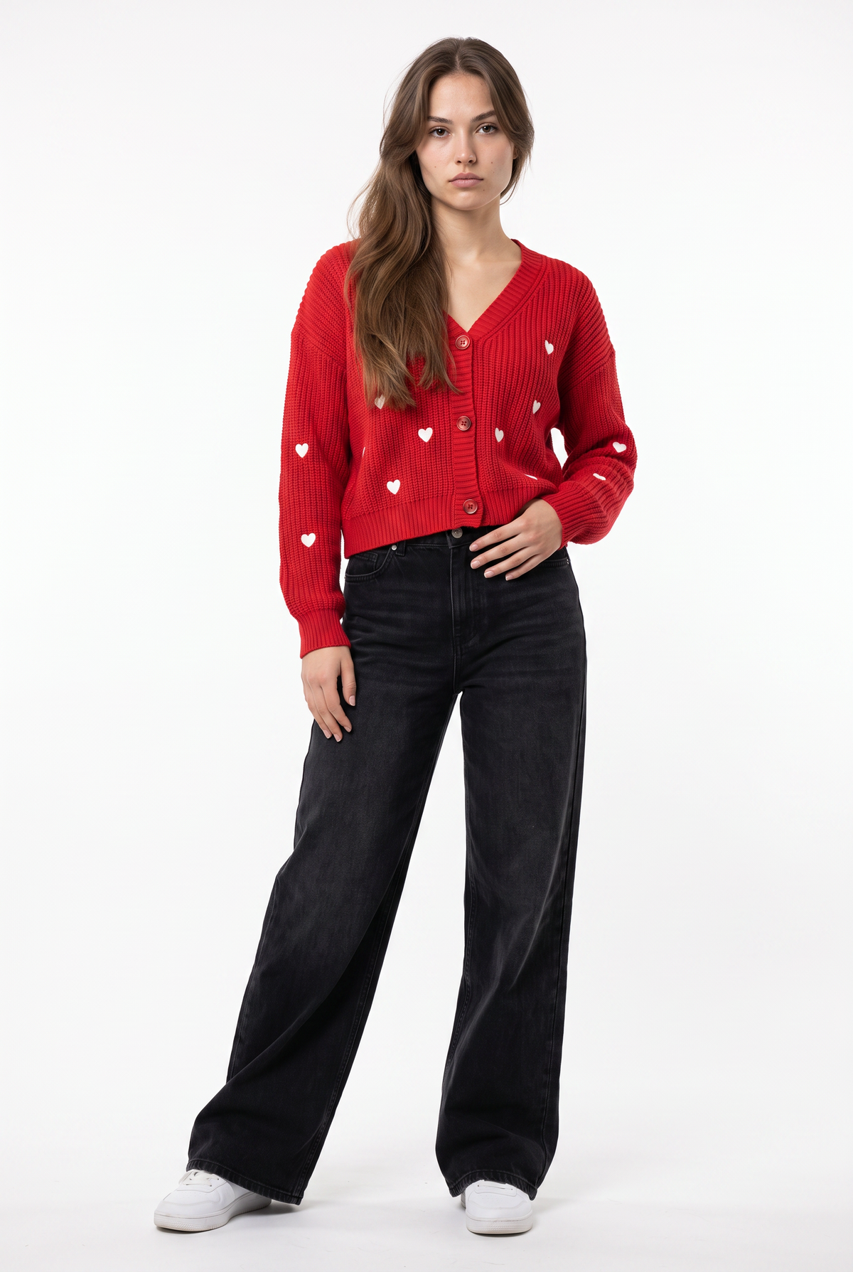 Red Heart Print Knit Cardigan