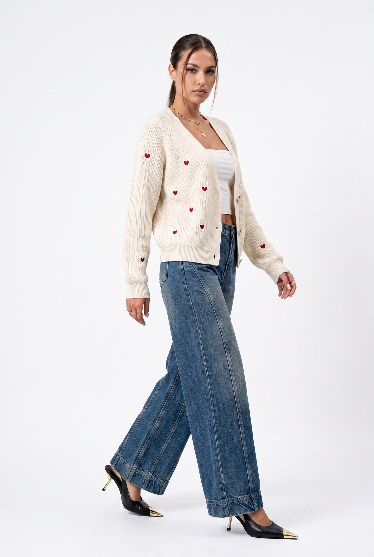 Cream Heart Embroidered Knit Cardigan