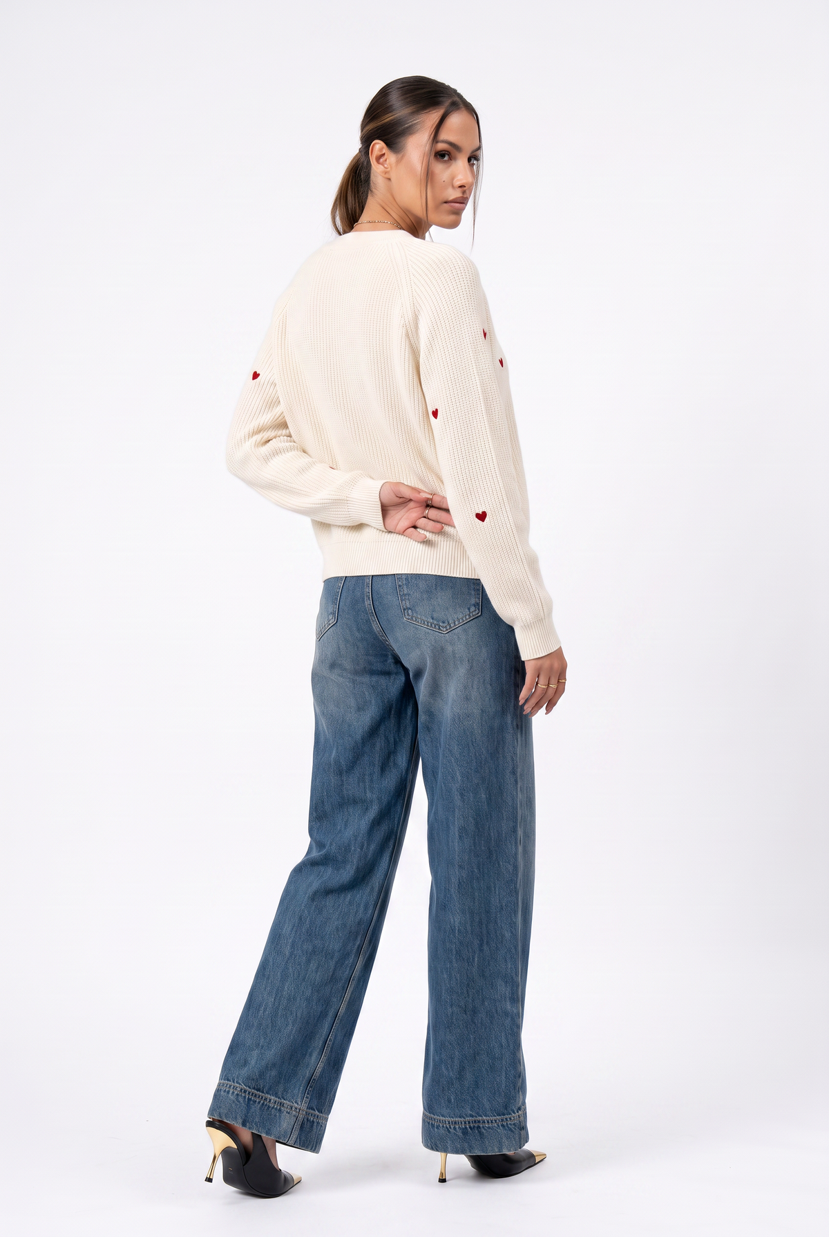 Cream Heart Embroidered Knit Cardigan