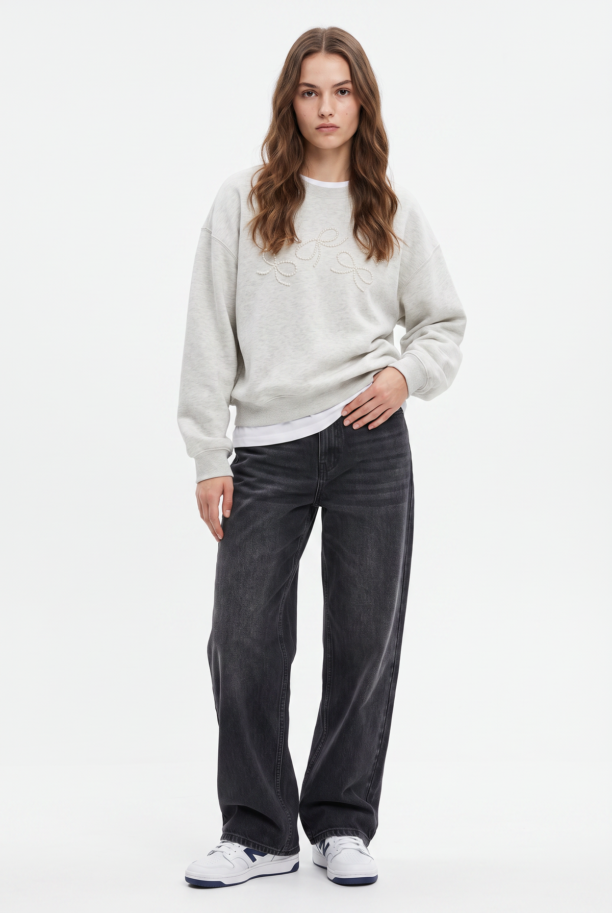 Grey Pearl Embroidered Oversized Sweatshirt