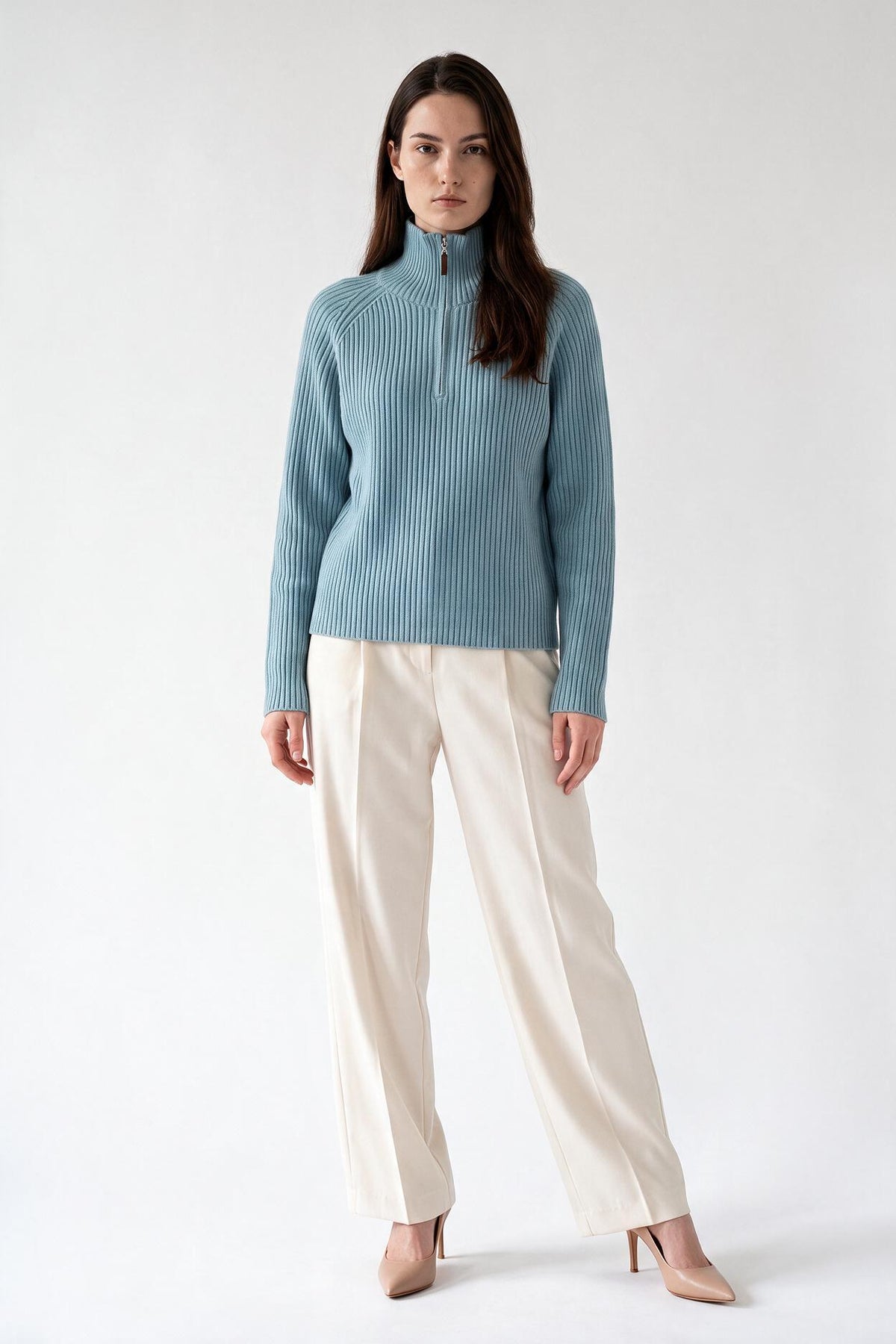 Blue Ribbed Half-Zip Sweater