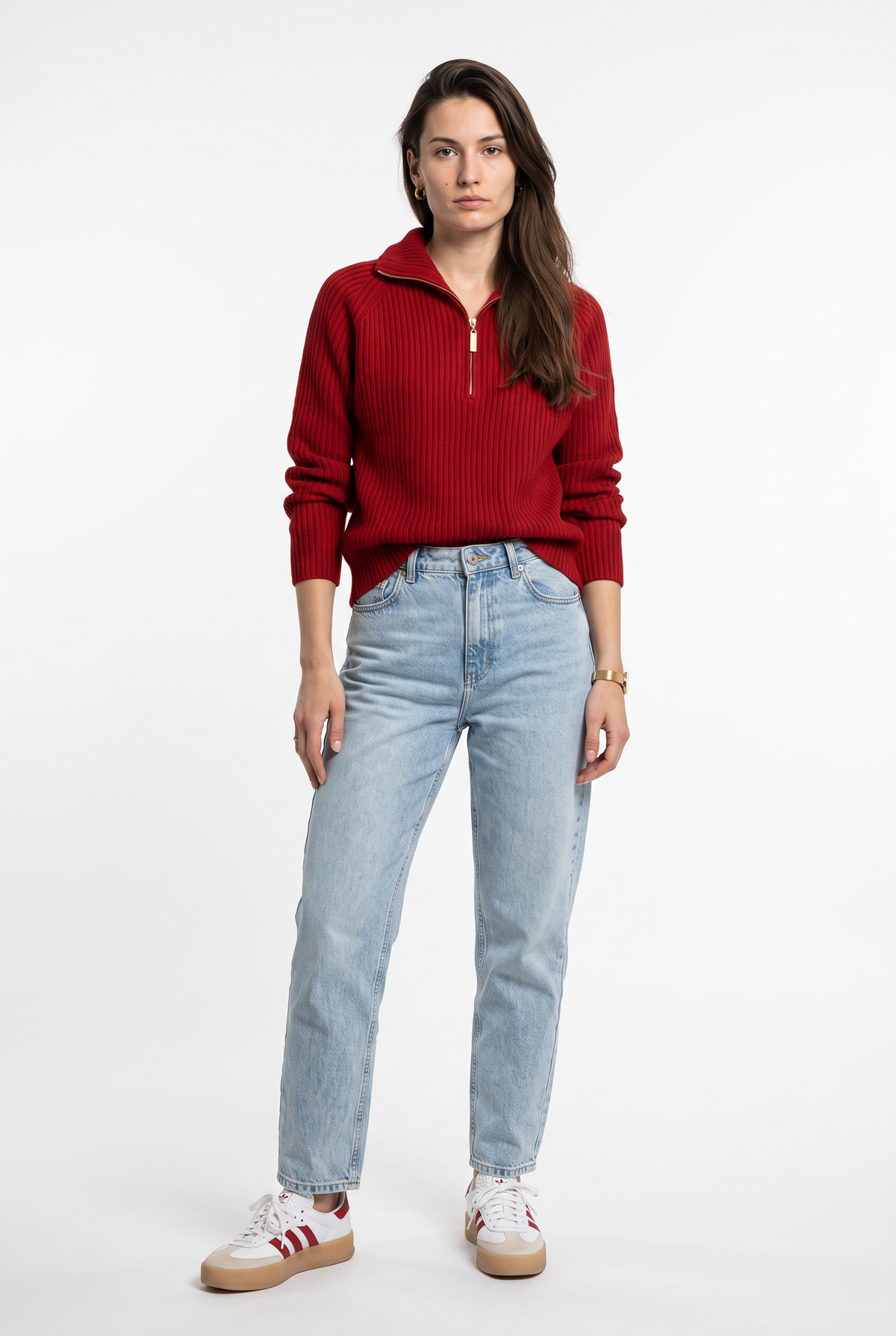 Red Ribbed Half-Zip Sweater