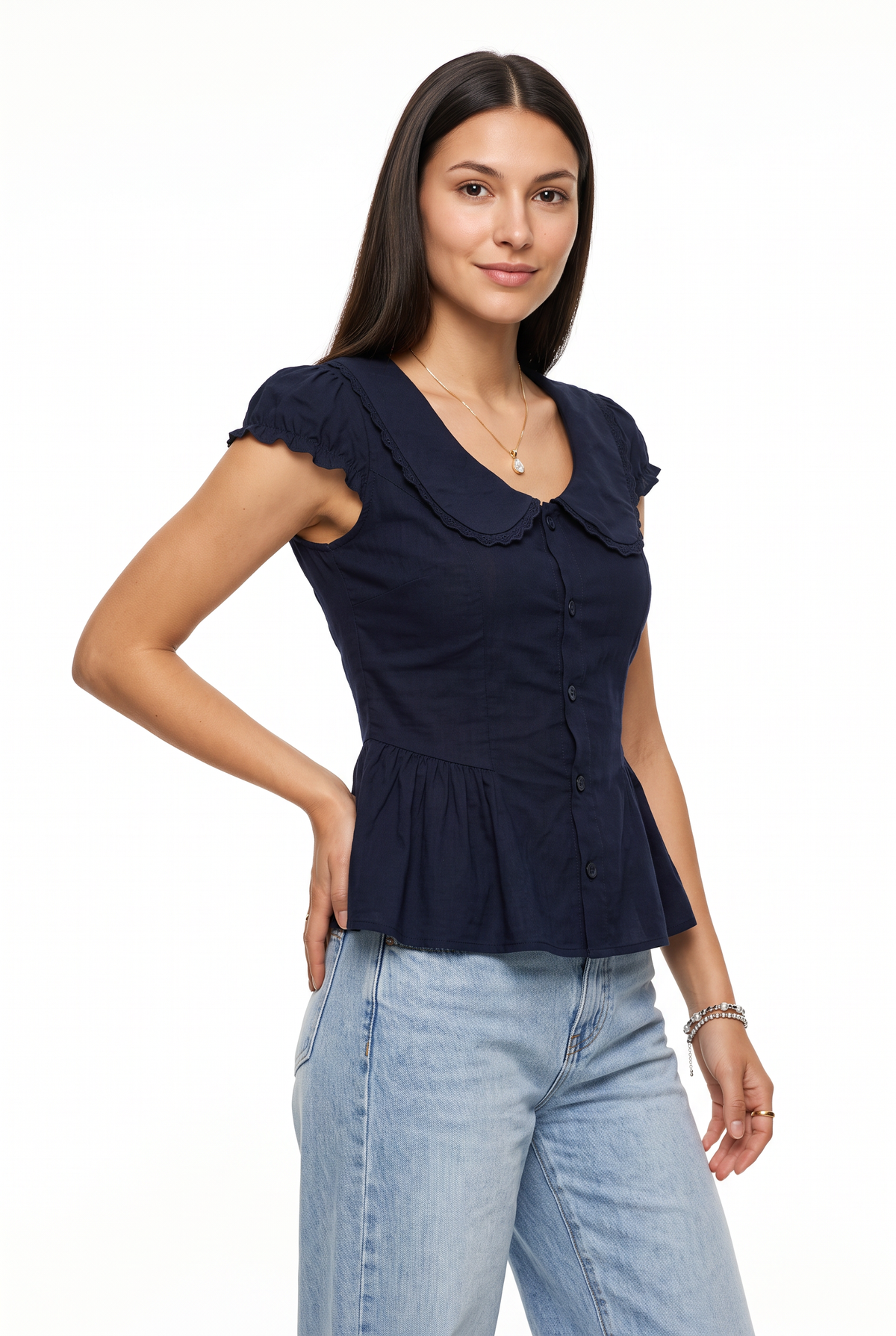 Navy Scallop Collar Peplum Blouse
