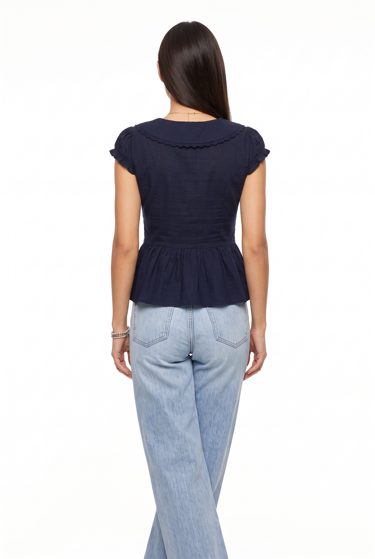 Navy Scallop Collar Peplum Blouse