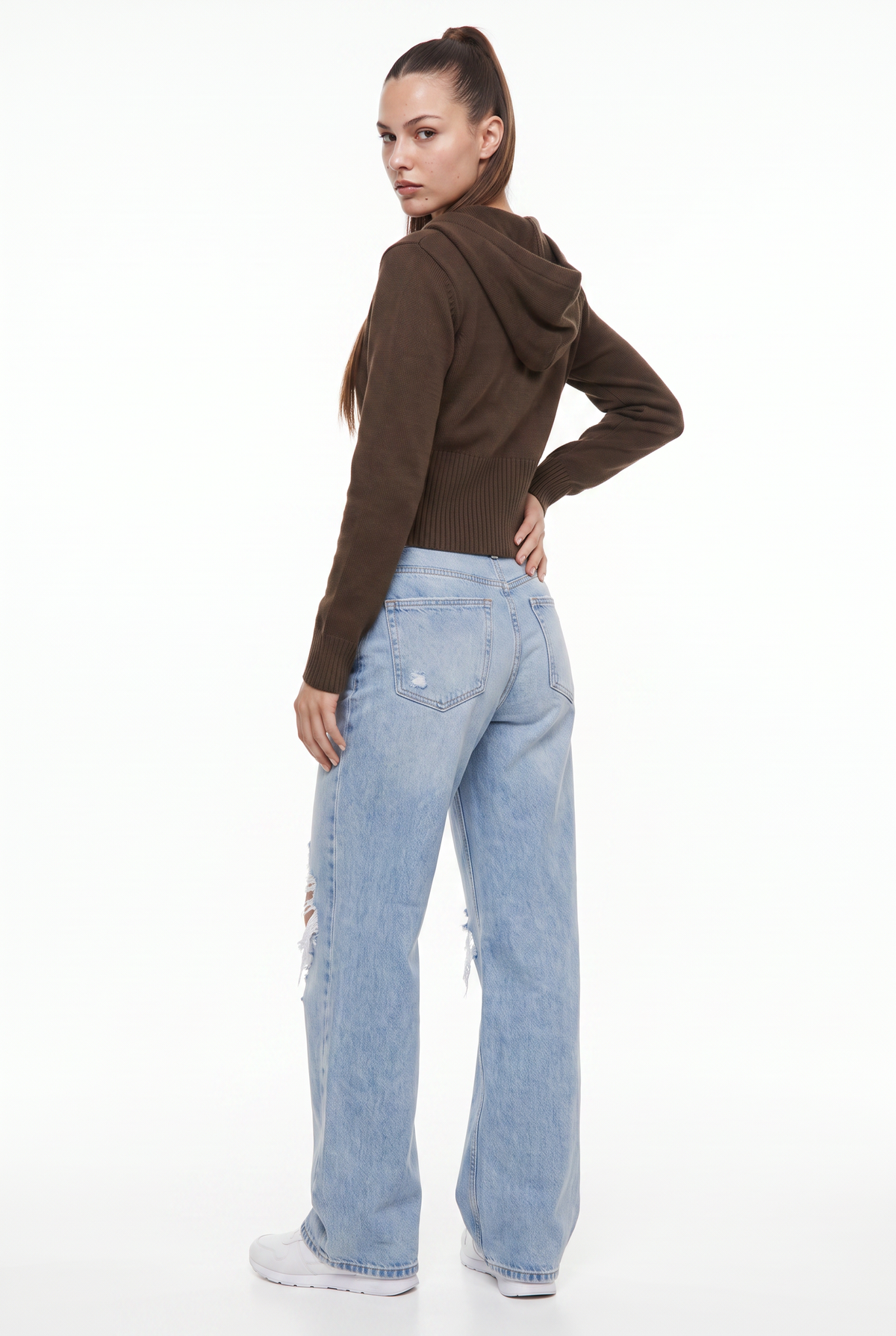 Brown Cropped Knit Zip Hoodie