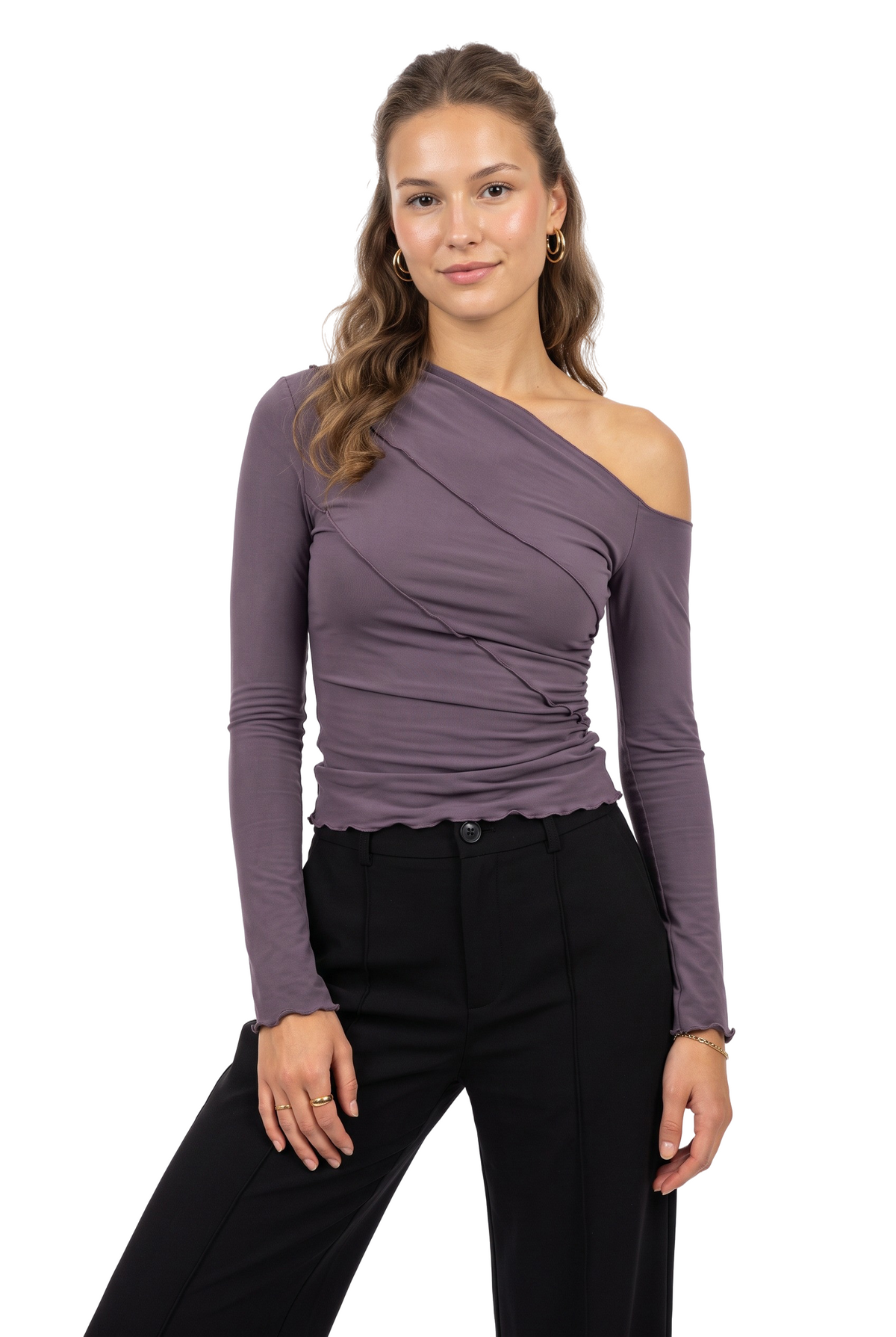 Purple One Shoulder Draped Blouse