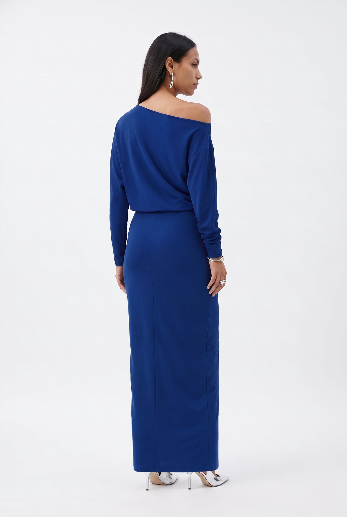 Blue Off-Shoulder Draped Maxi Dress