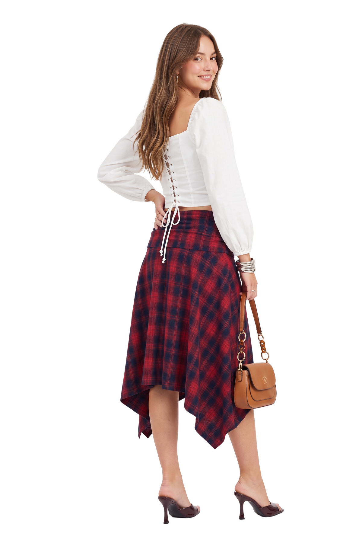 Red Plaid Asymmetric Midi Skirt