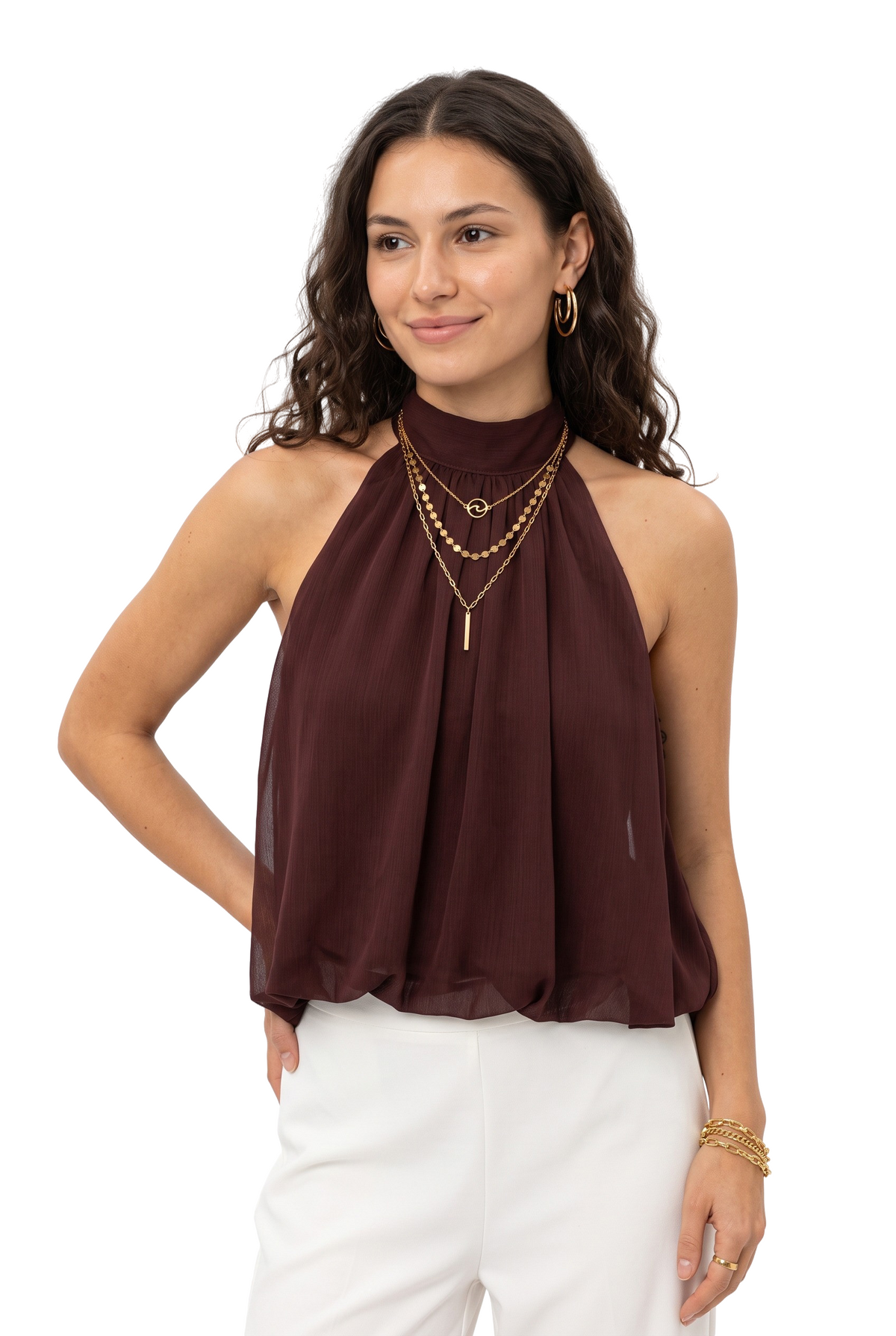 Burgundy Draped Halter Neck Blouse