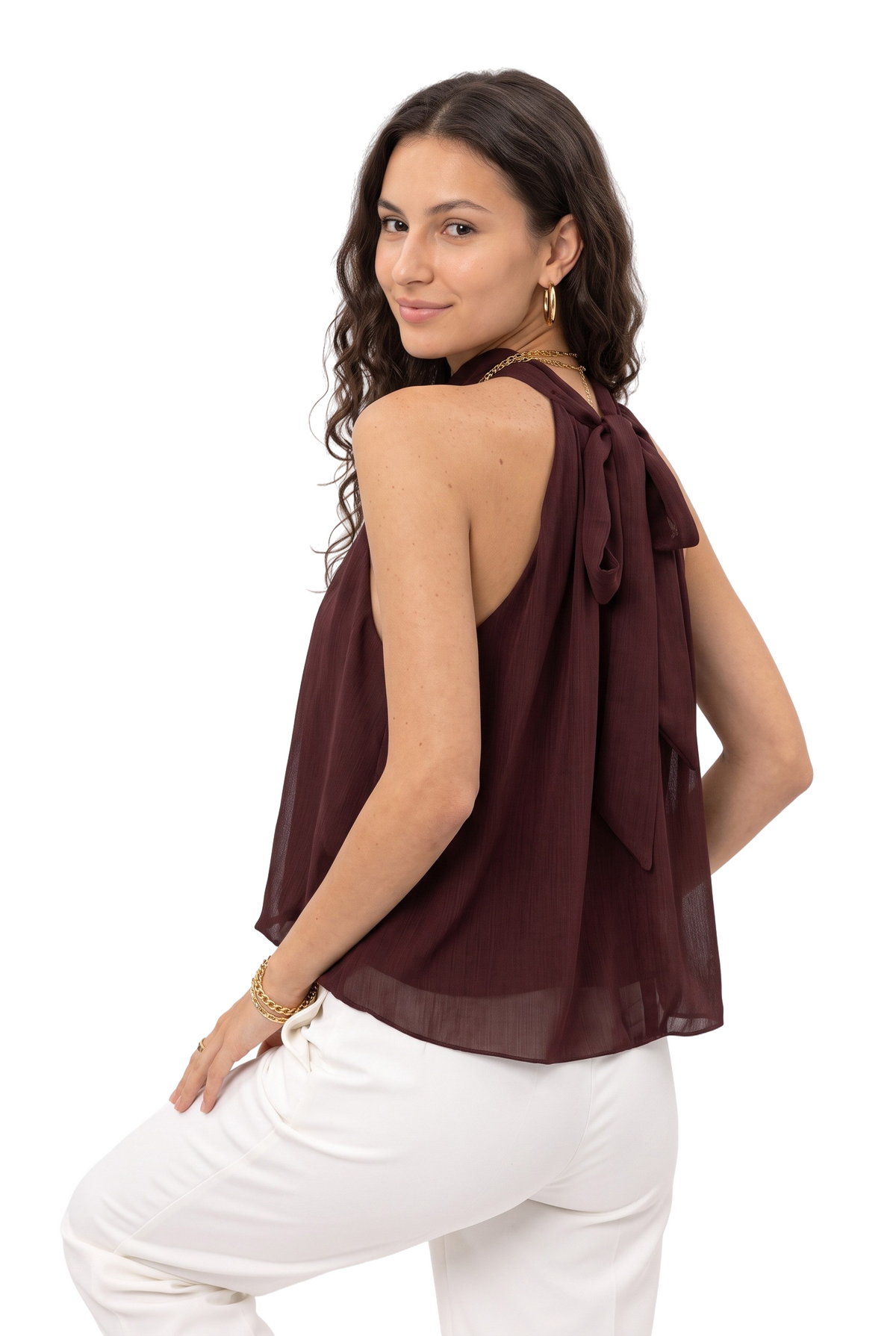 Burgundy Draped Halter Neck Blouse