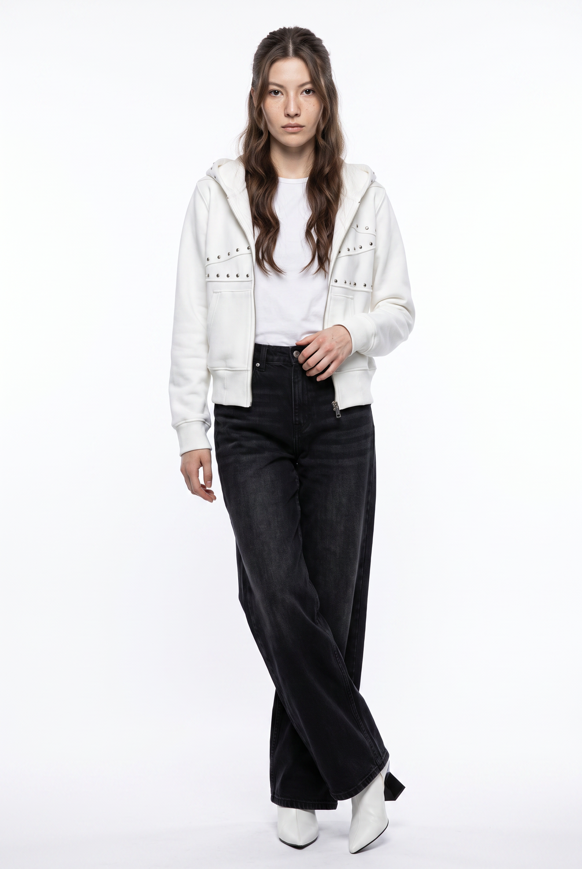 White Studded Cotton Zip Hoodie