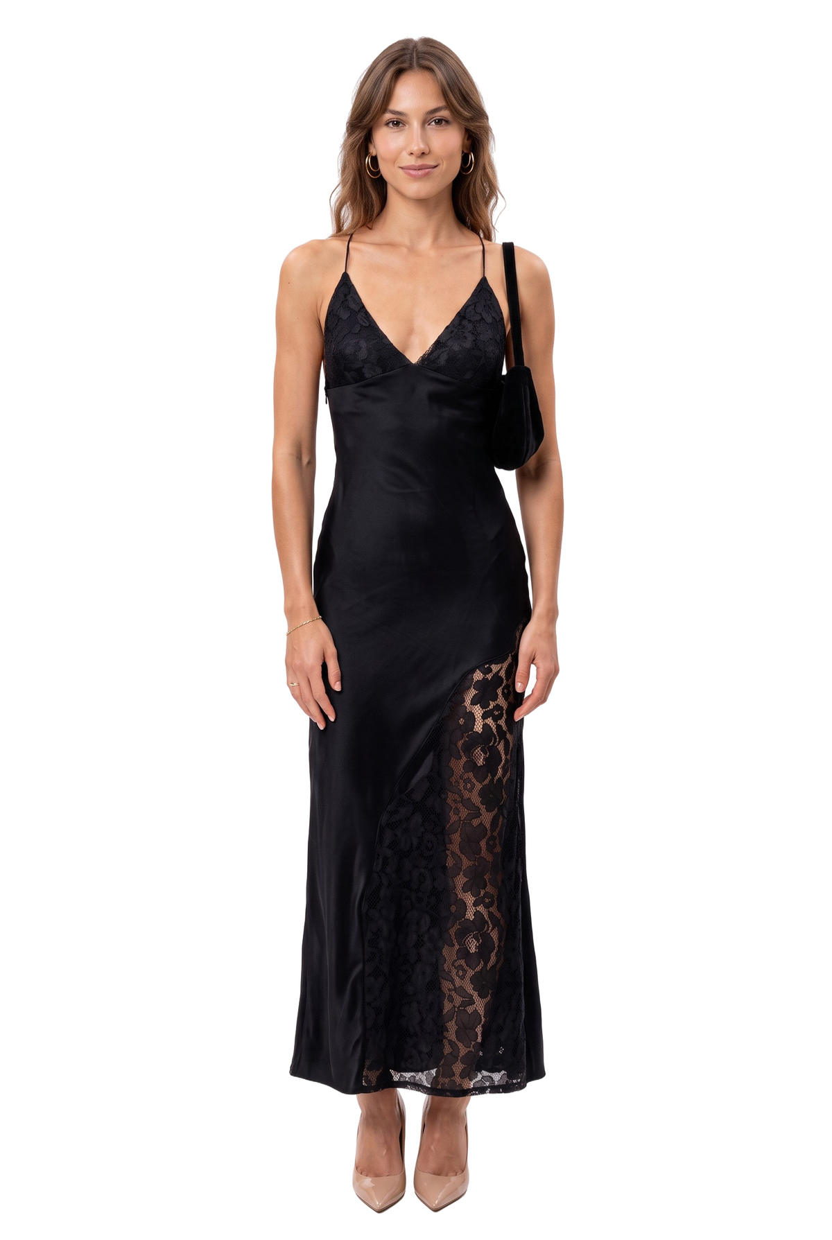 Black Satin Lace Slip Dress
