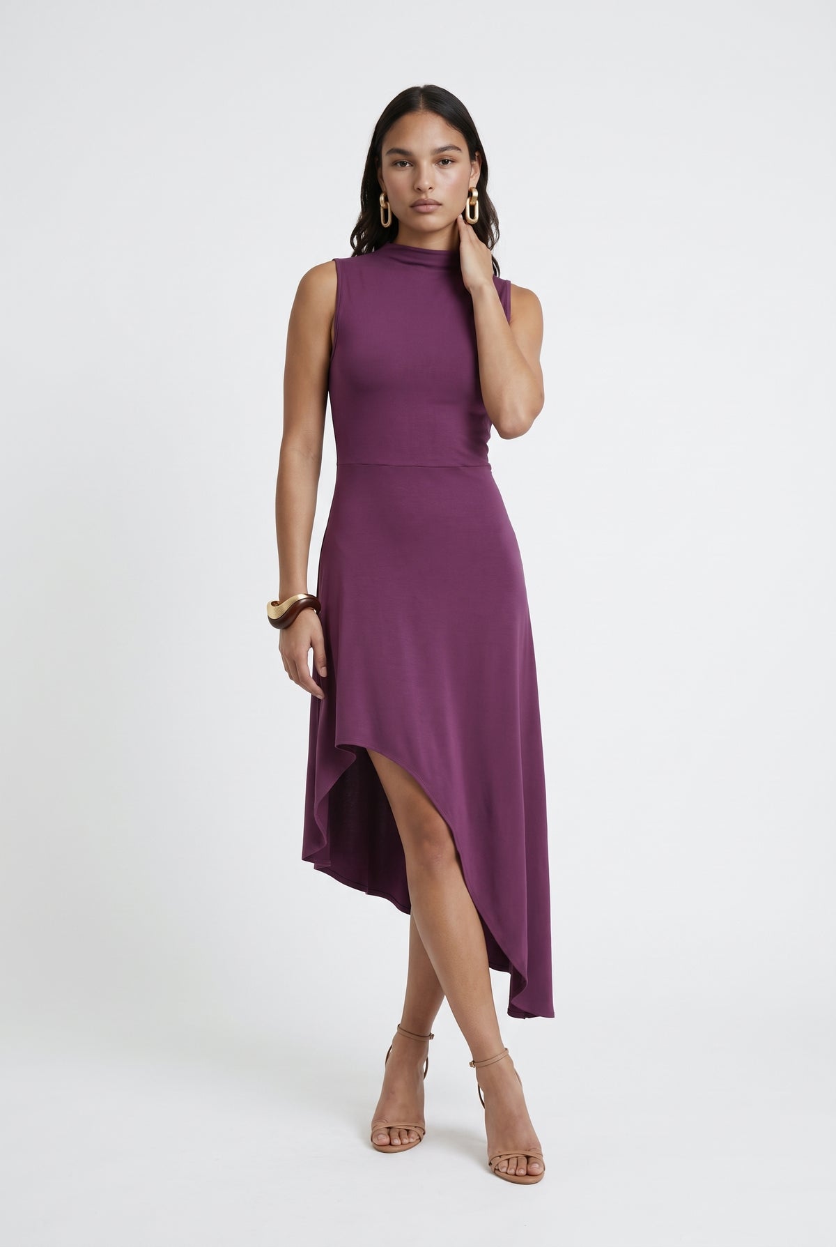 Purple Mock Neck High Low Dress