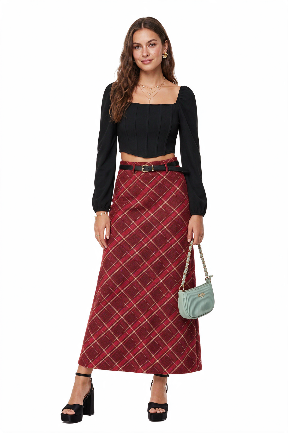 Red Plaid Woolen Maxi Skirt
