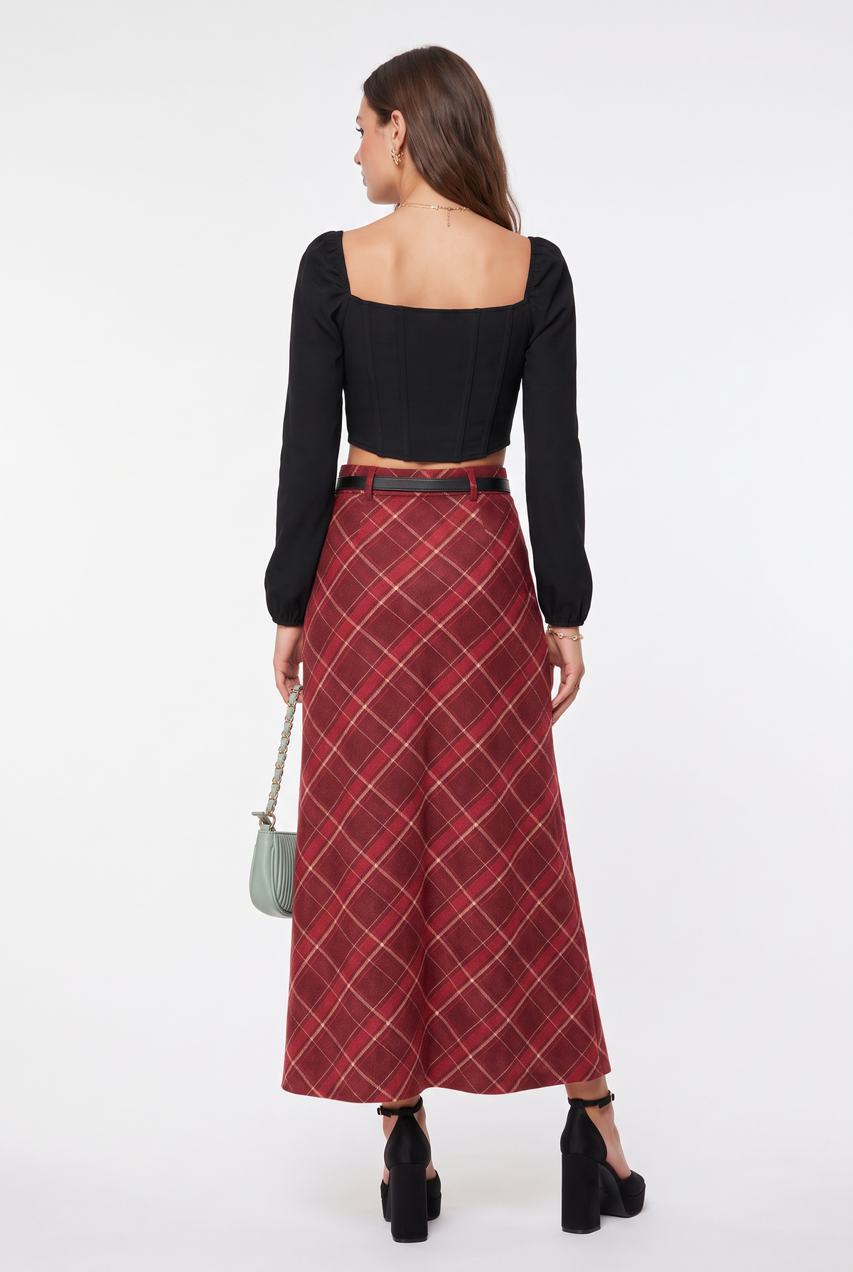 Red Plaid Woolen Maxi Skirt