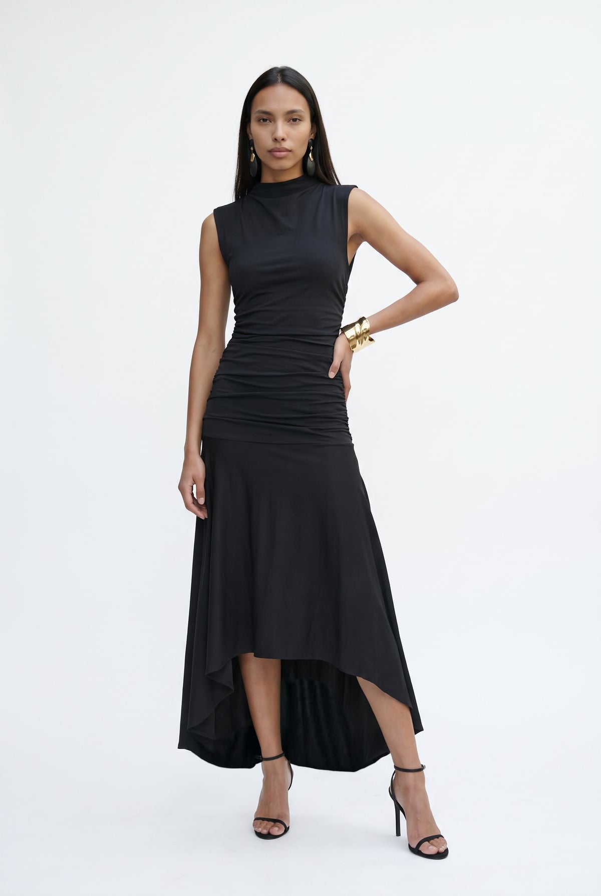 Black Ruched Sleeveless Maxi Dress