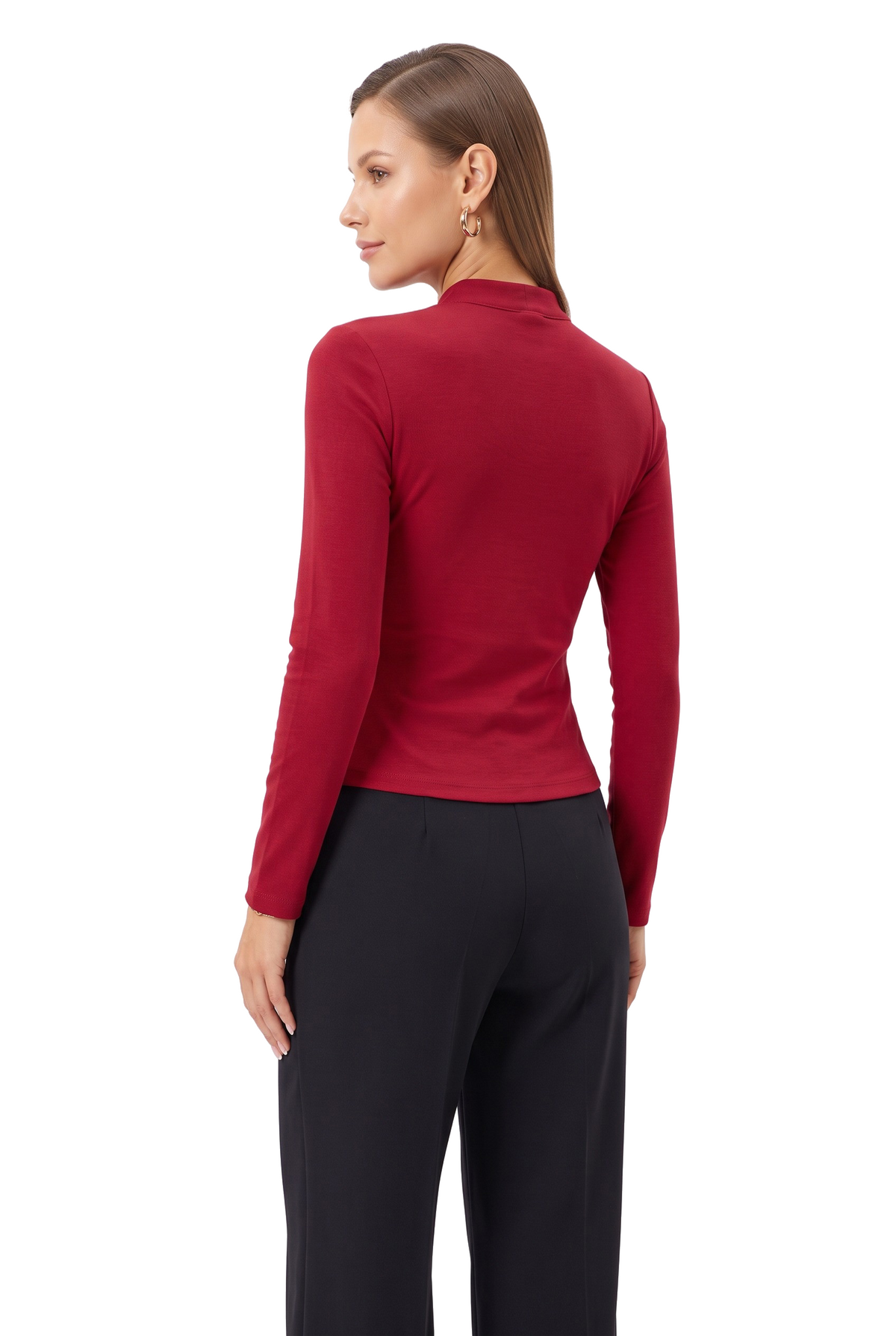 Red Mandarin Collar Fitted Blouse