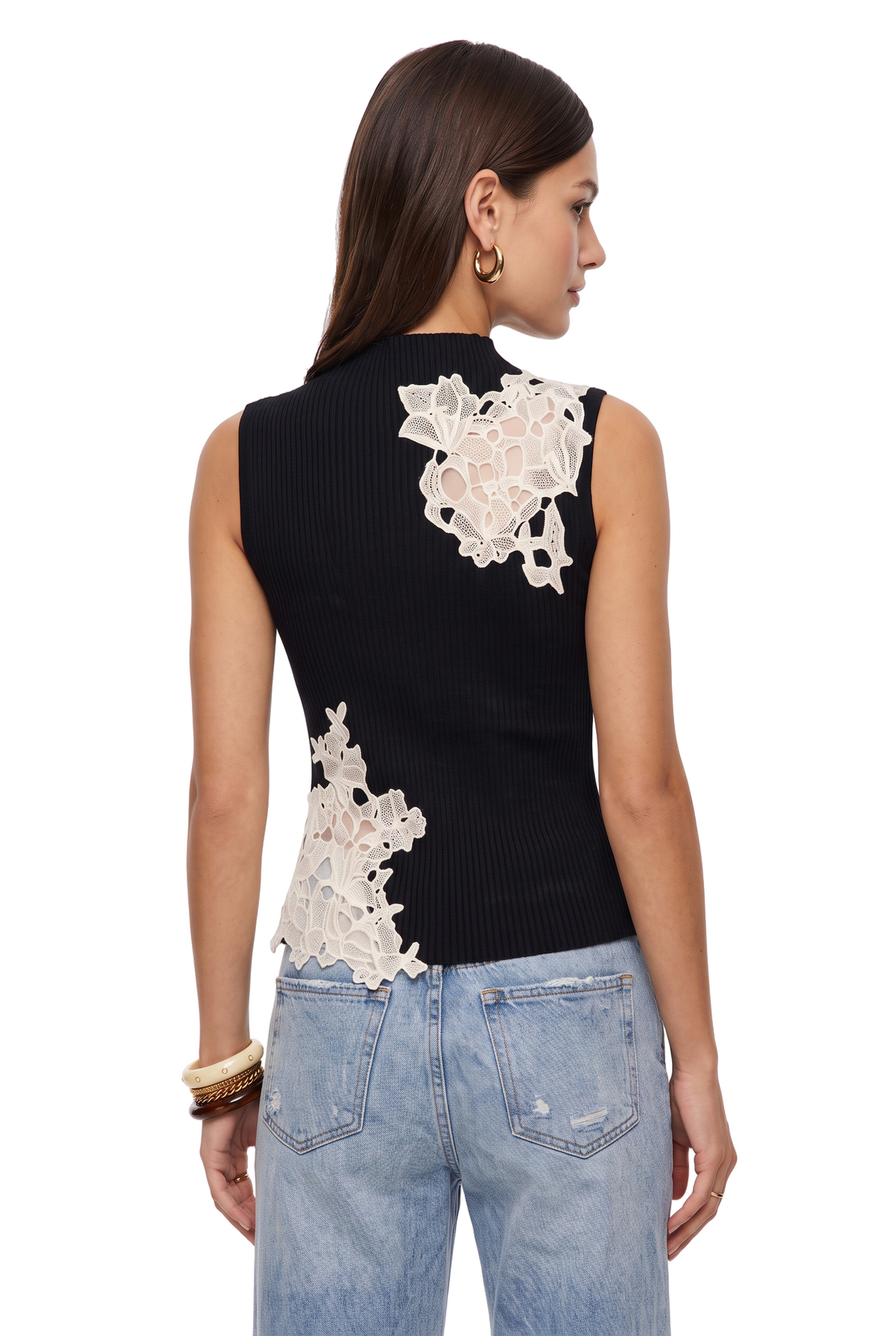 Black Lace Applique Ribbed Top