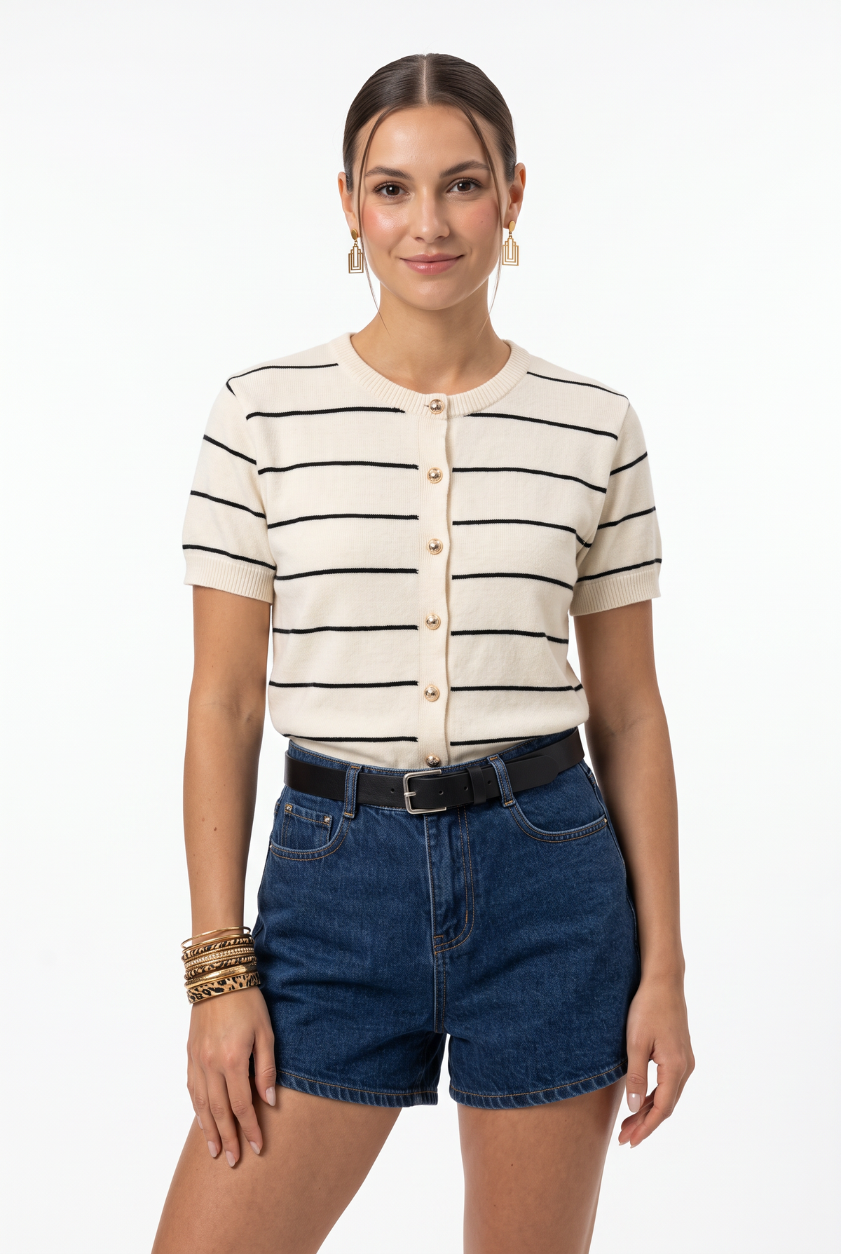 Beige Striped Short Sleeve Cardigan