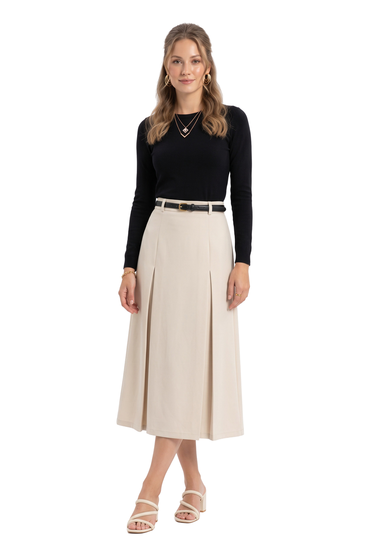 Beige Pleated Midi Flare Skirt