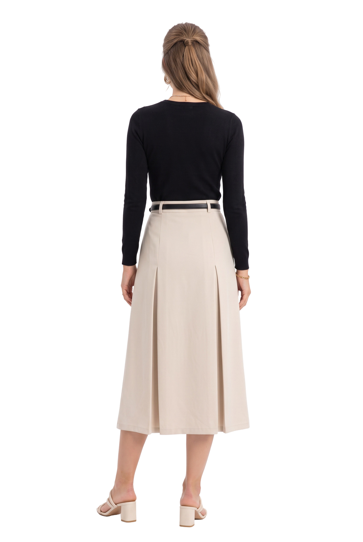 Beige Pleated Midi Flare Skirt