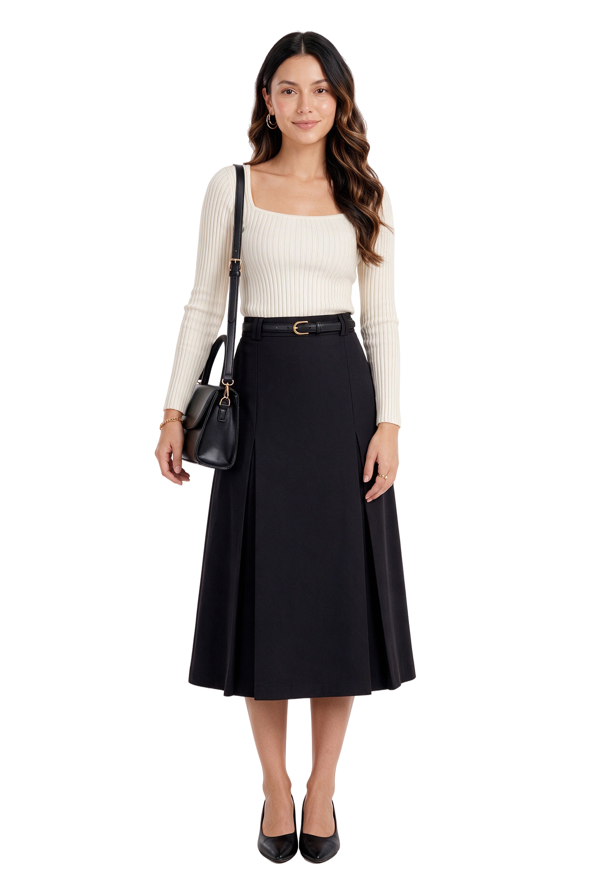 Black Pleated Midi Flare Skirt
