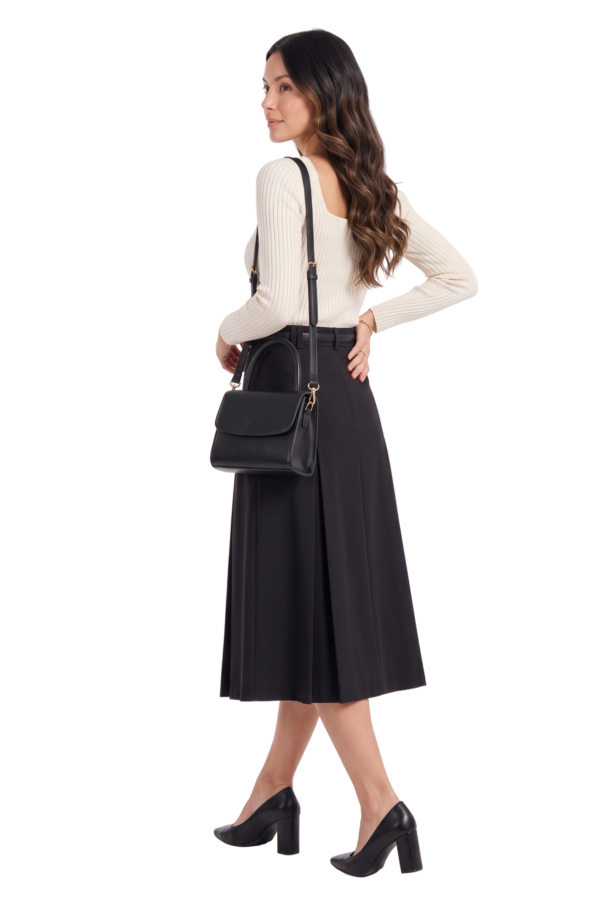 Black Pleated Midi Flare Skirt