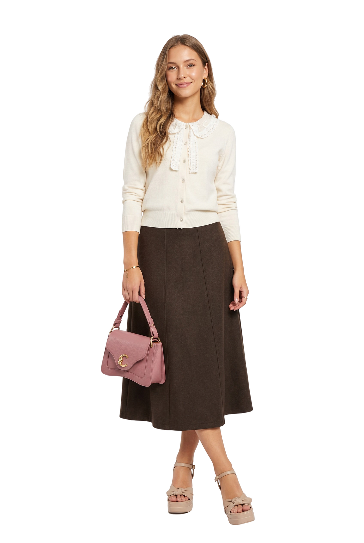 Brown Flared A-Line Midi Skirt