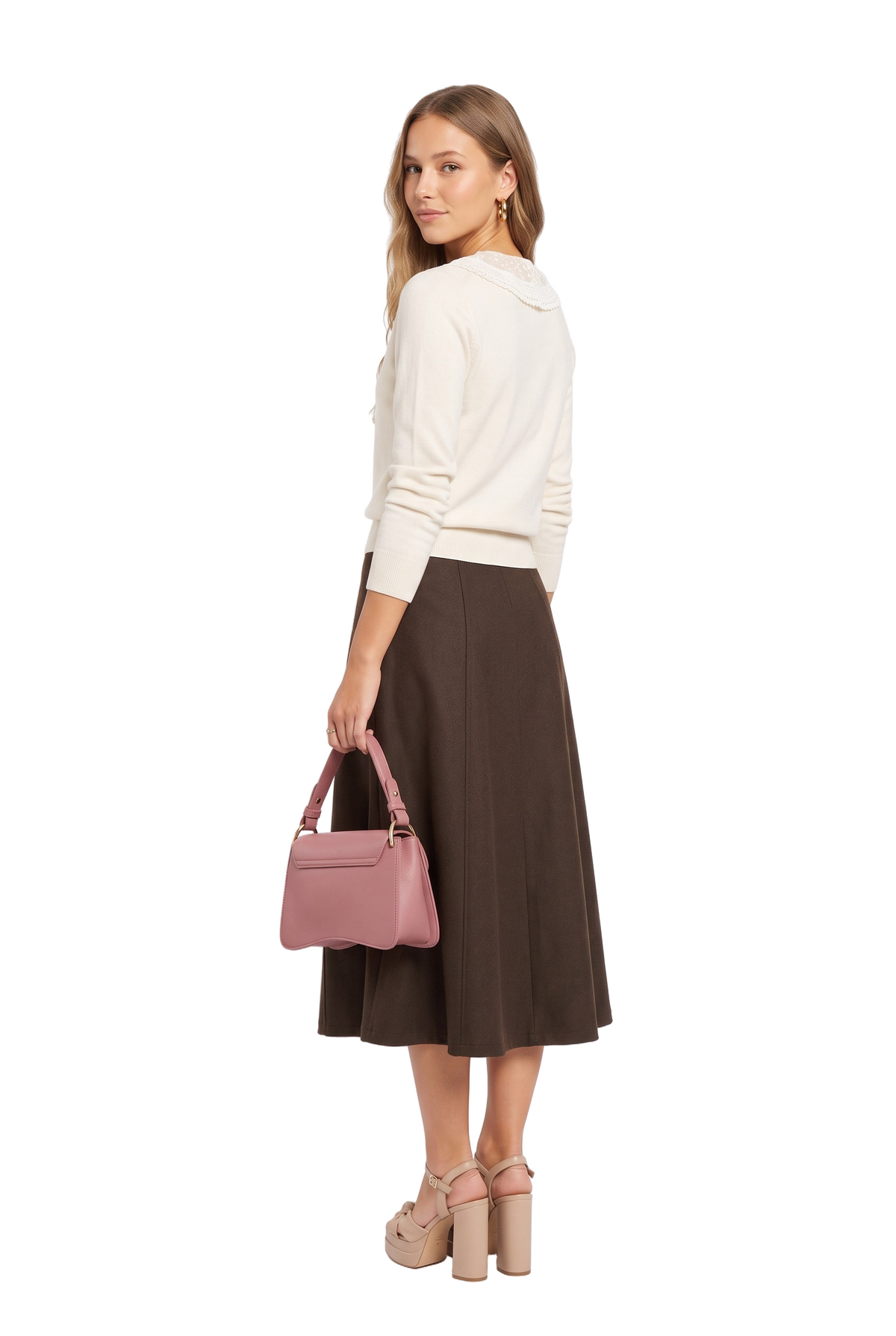 Brown Flared A-Line Midi Skirt