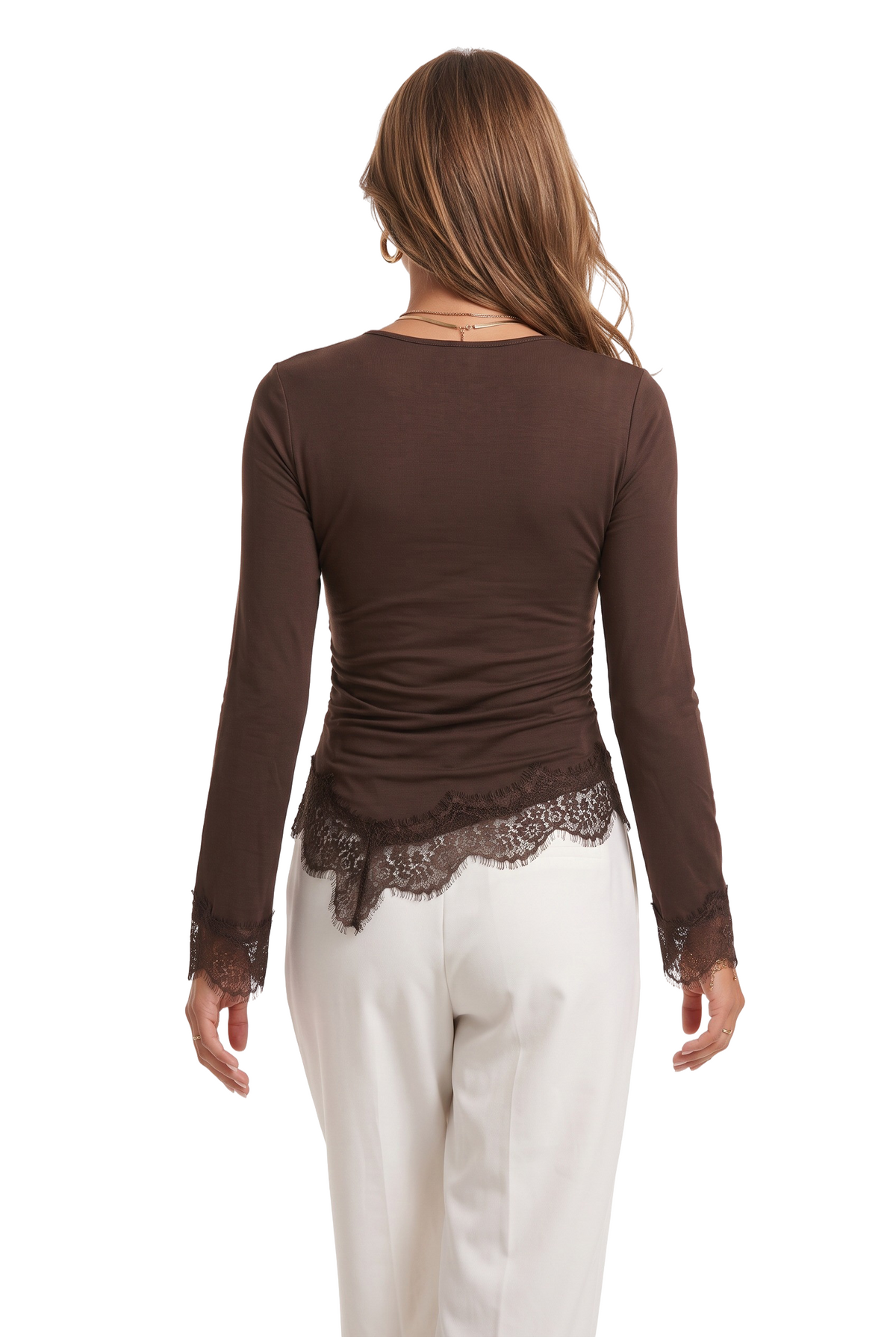 Brown Lace Trim Long Sleeve Top