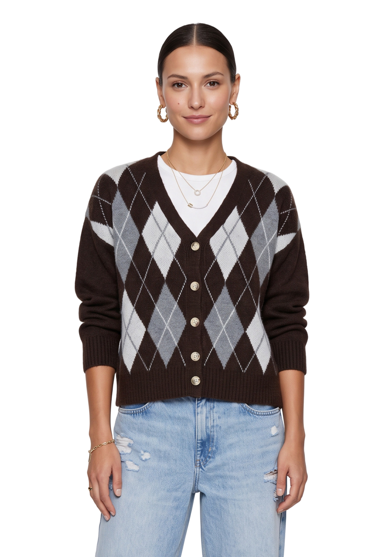 Brown Argyle Button-Up Cardigan