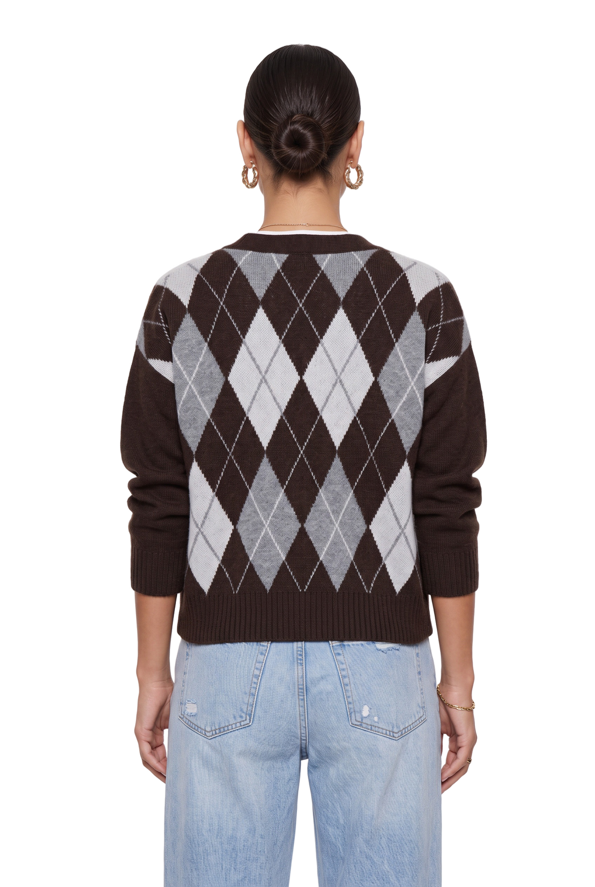 Brown Argyle Button-Up Cardigan