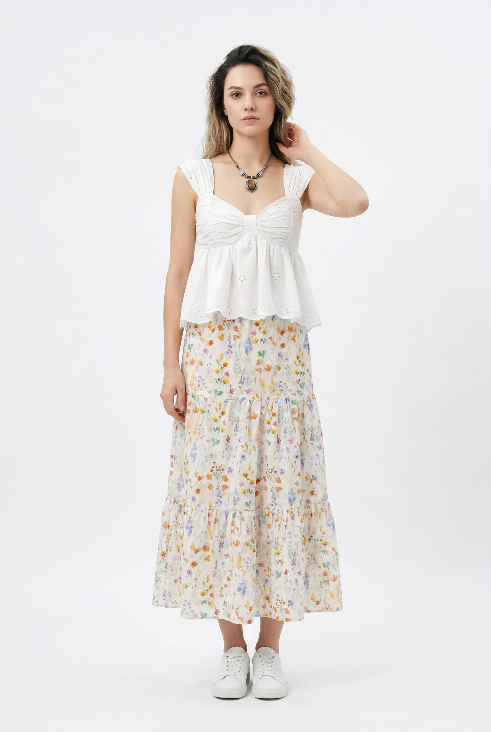 White Eyelet Top Floral Skirt Set