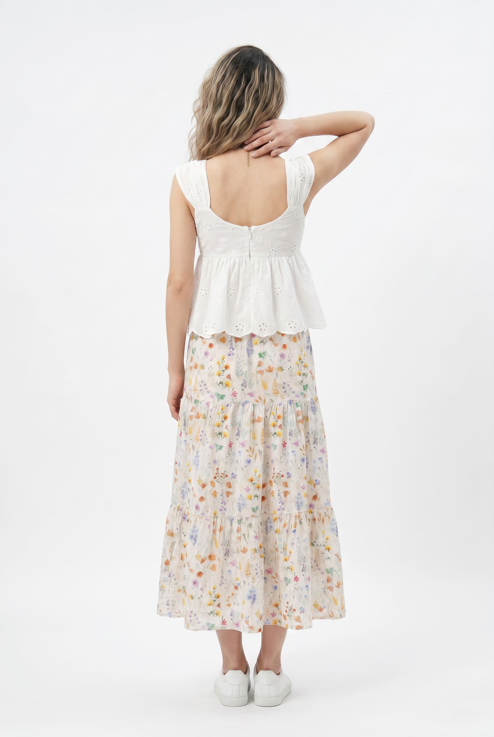 White Eyelet Top Floral Skirt Set