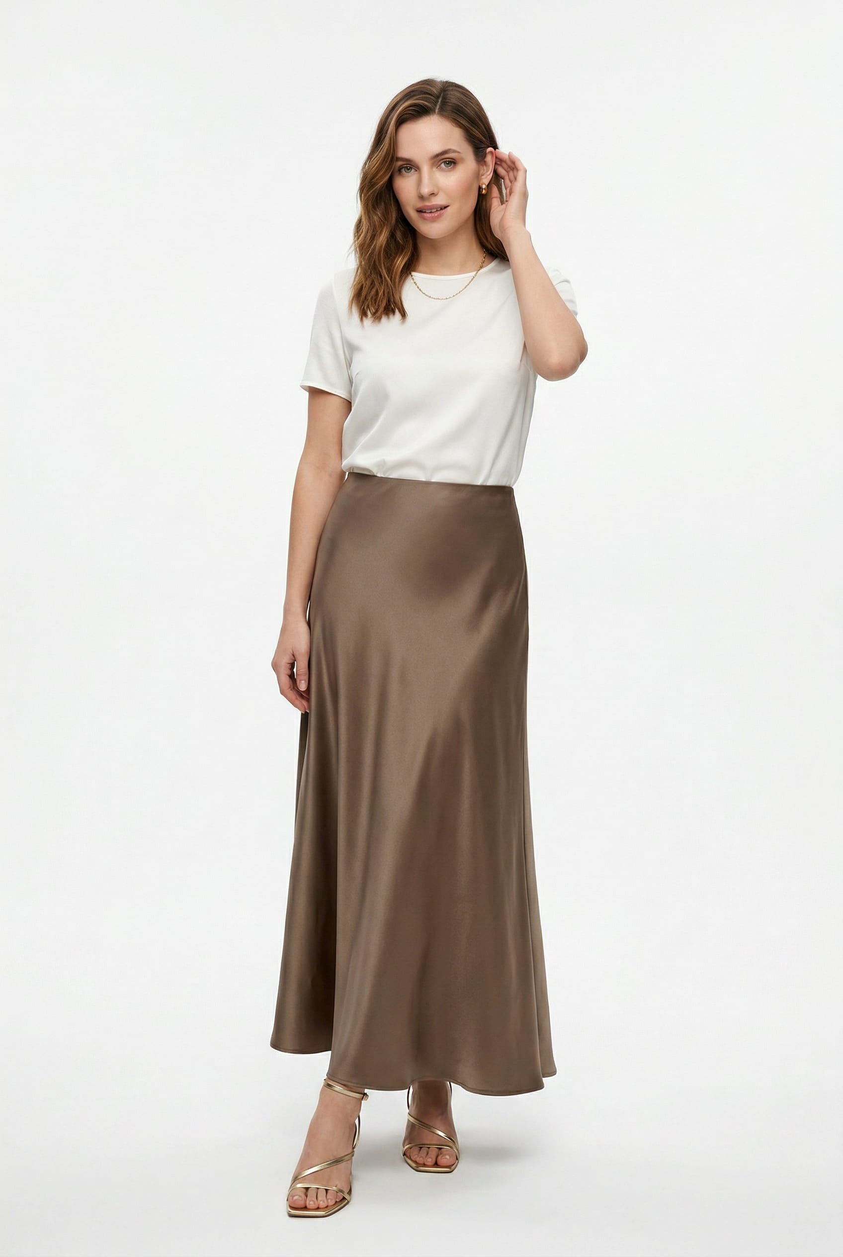 Taupe Satin Maxi Slip Skirt