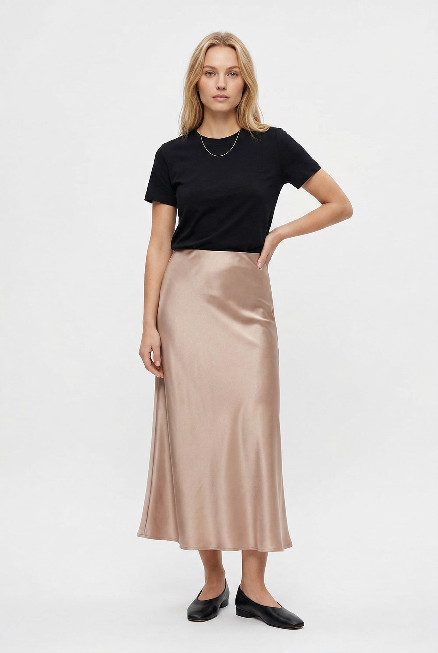 Champagne Satin Midi Slip Skirt