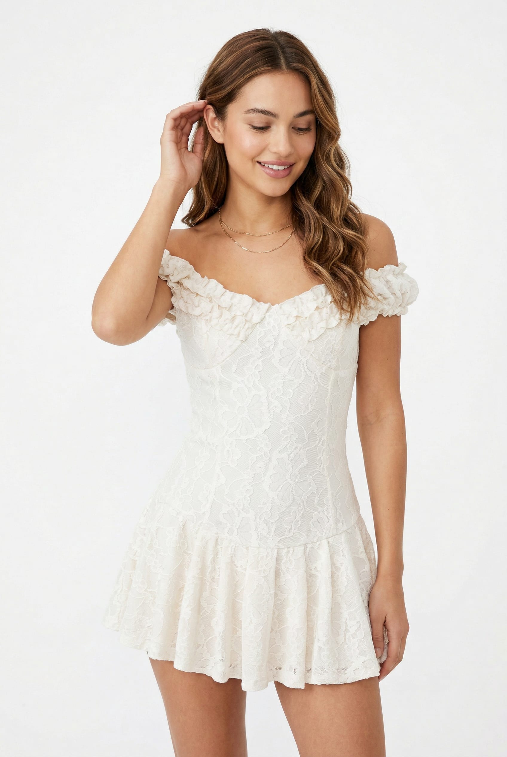 Ivory Lace Off-Shoulder Romper Dress