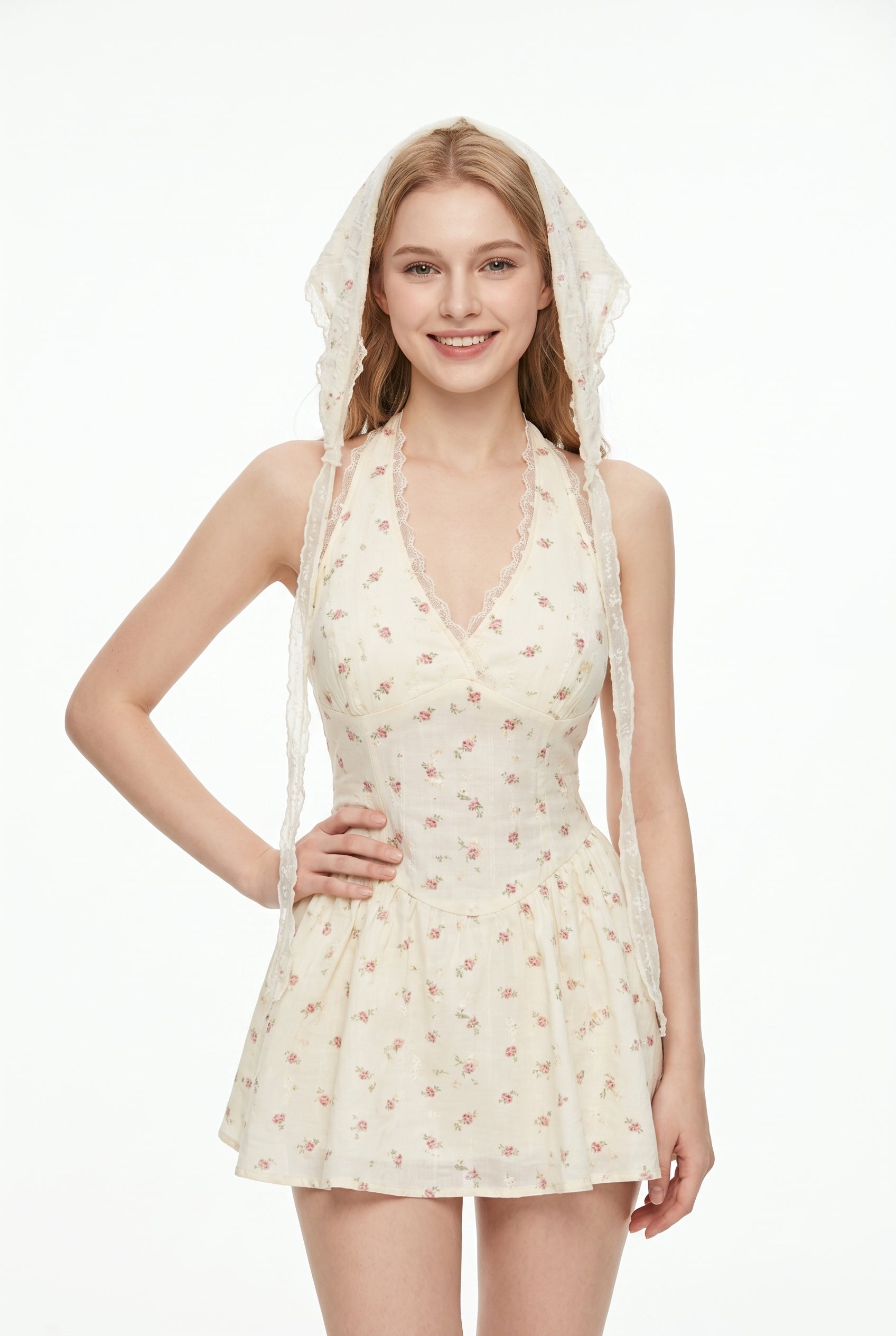 Cream Floral Hooded Mini Dress